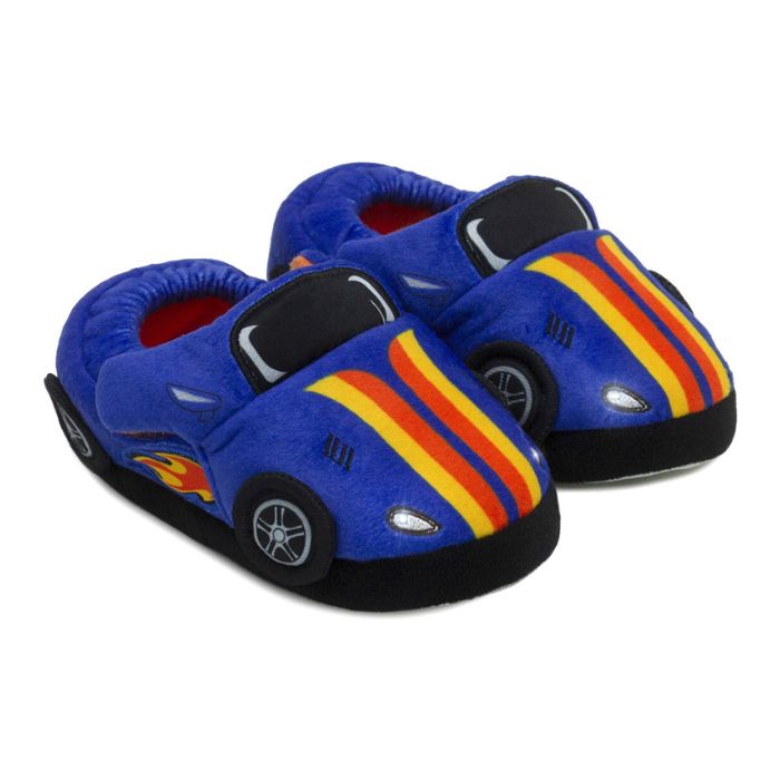 Pair of blue race car slippers with 3D tires, orange and yellow racing stripes and black midsole.