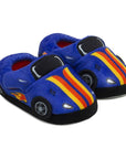 Pair of blue race car slippers with 3D tires, orange and yellow racing stripes and black midsole.