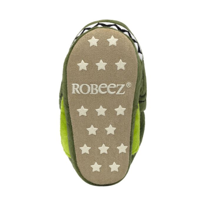 Beige outsole with white star grips and Robeez logo in middle.