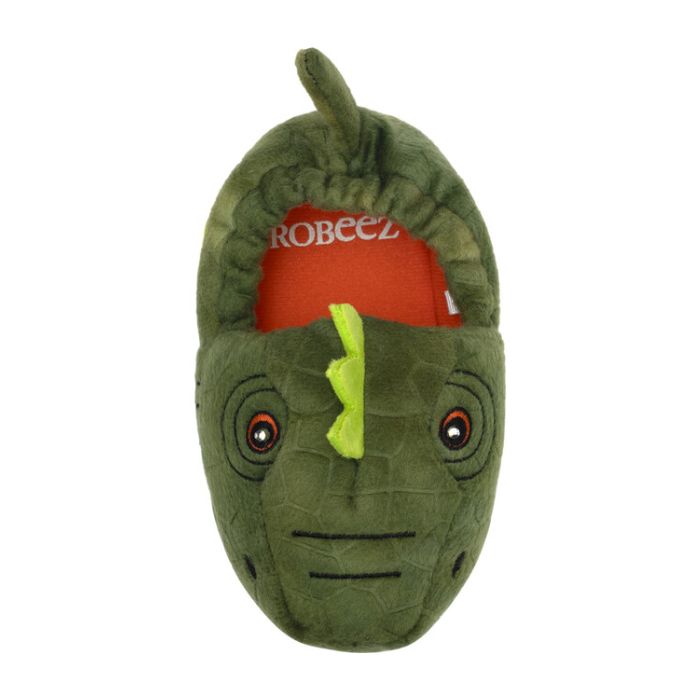 Top of green dinosaur slipper with 3D spikes and tail, and orange footbed with Robeez logo.