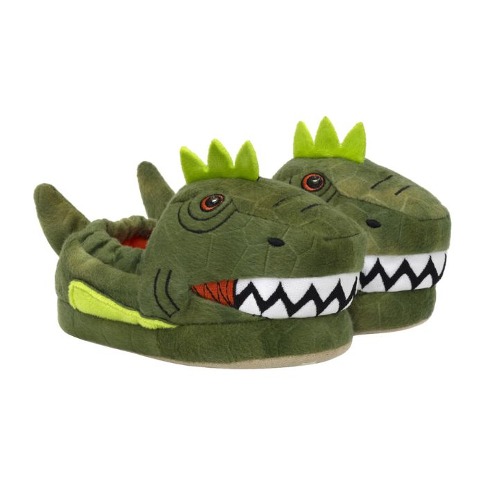 Pair of green dinosaur slippers with 3D spikes and tail, and big teeth flat under the nose.