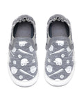 Gray canvas baby shoes with baseball-themed pattern, cinched heel and grey footbed.