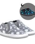 Pair of Gray canvas baby shoes with baseball-themed pattern, cinched heel and image of glow in the dark feature.