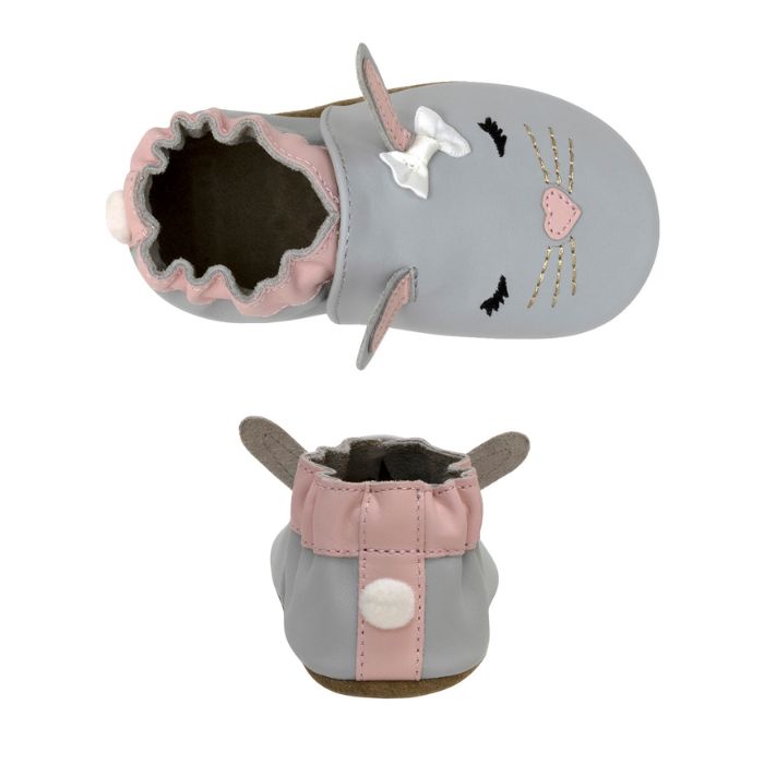 Pair of Pair of grey and pink leather Bunny baby shoes with 3D ears, bow, cotton tail, sleepy eyes over heart shaped nose and gold whiskers.