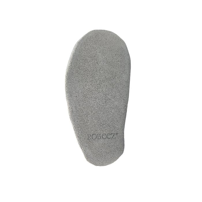 Baby shoe grey suede outsole with Robeez logo on heel.