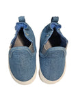A pair of blue denim baby shoes with white midsole and grey suede outsoles.