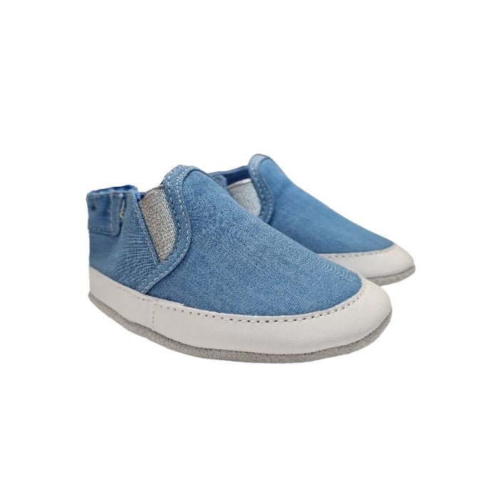 Blue denim baby shoes with white midsole and grey suede outsoles.