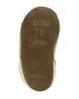 Brown suede outsole with 'Born to Shine' text.