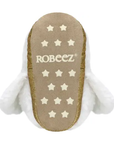 Beige suede outsole with "ROBEEZ'' logo and star pattern grippys.