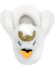 White swan shaped slipper with gold crowns, fluffy wings, and white Robeez logo'd footbed.