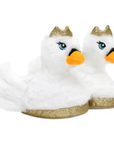White swan shaped slippers with gold crowns, fluffy wings and gold midsole.