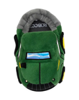 Green tractor-shaped slipper with working headlights and black Robeez logo's footbed.
