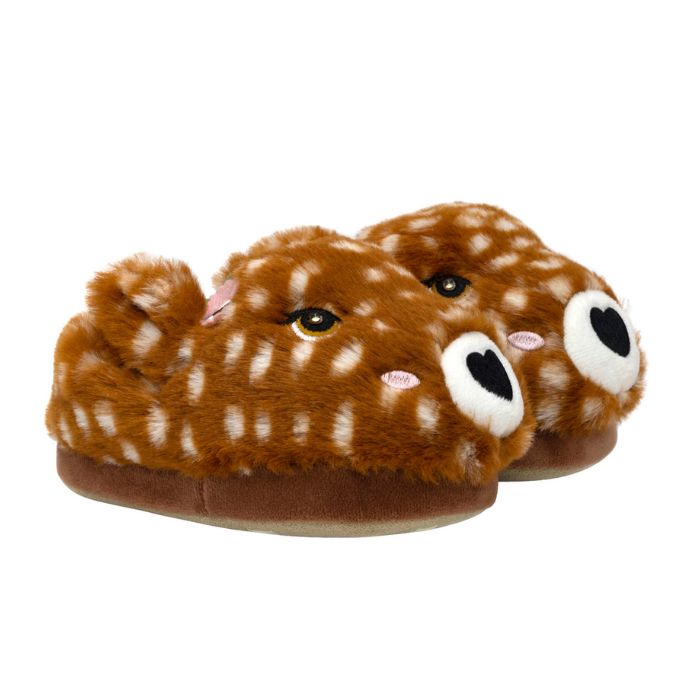 Pair of deer slippers with 3D ears and flower with heart nose and light up eyes.