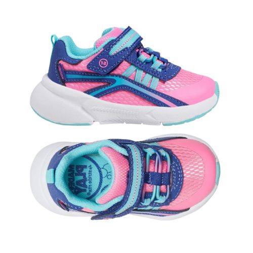 Pair of Toddler sneakers with pink mesh upper, light and dark blue accents on laces and velcro strap.