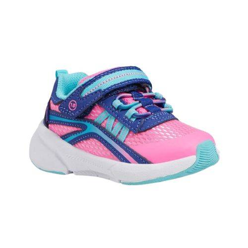 Toddler sneaker with pink mesh upper, light and dark blue accents on laces and velcro strap.