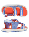 Side and top views of lavender and coral Kids Merrell Panther 3.0 sandal with breathable perforated upper and cushioned support.