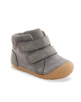 A grey high-top baby bootie with a grey knit ankle collar, two wide hook-and-loop straps and crepe coloured outsole.