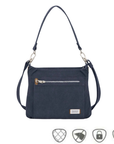 Navy blue hobo bag with a locking strap, anti-theft feature icons and front locking zipper compartment.