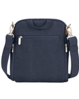 Navy blue crossbody bag with silver zippers back zippered pocket and small top handle.