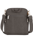Grey crossbody bag with silver zippers back zippered pocket and small top handle.
