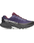 Purple sneaker with white Merrell logo on side and black with white speckles thick midsole and white Vibram outsole.