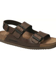 Brown leather two strap sandal with backstrap and buckle closures.
