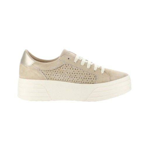 Profile view of the Lotta platform sneaker. Outsole is off white and there is a bronze metallic patch at the heel.