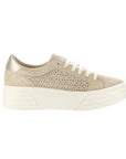 Profile view of the Lotta platform sneaker. Outsole is off white and there is a bronze metallic patch at the heel.