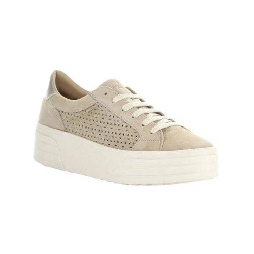 Beige suede sneakers with 2 inch platform outsole, white gold laces, and perforated accents.