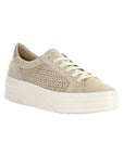 Beige suede sneakers with 2 inch platform outsole, white gold laces, and perforated accents.