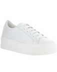 White leather sneakers with 2 inch platform outsole.