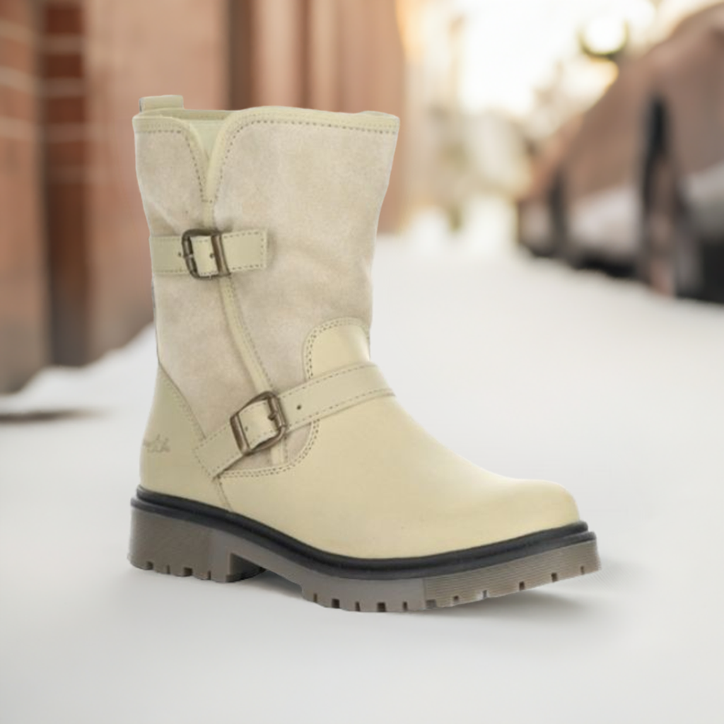 Beige Women's Bos & Co Anova Mid-Height Boot styled outdoors on snowy street, ideal for winter fashion and function.