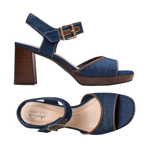 Denim Clarks AmbyrLyn Faye sling-back heeled sandals for women, featuring cushioned insole and flexible sole for all-day wear.