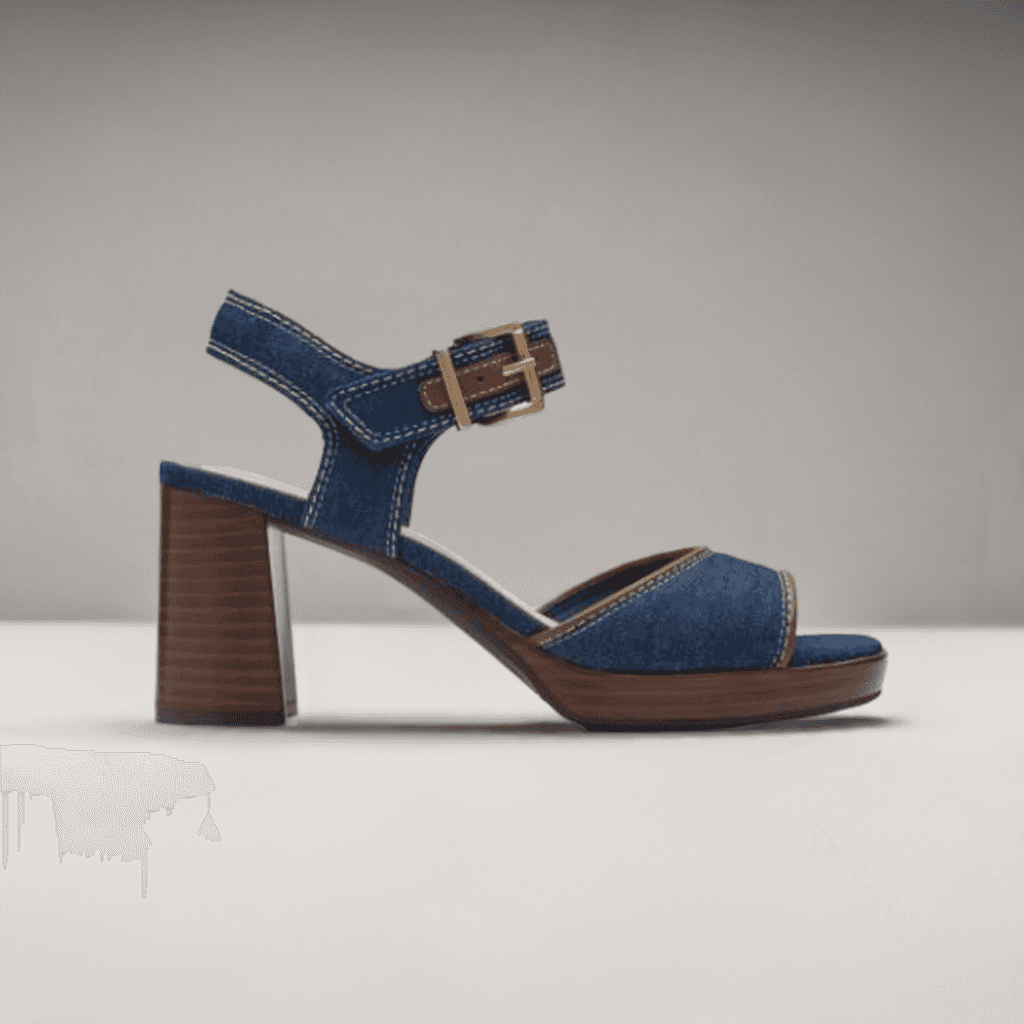 Side profile of Clarks AmbyrLyn Faye women's denim sling-back sandal with stacked block heel and gold buckle for elevated style.
