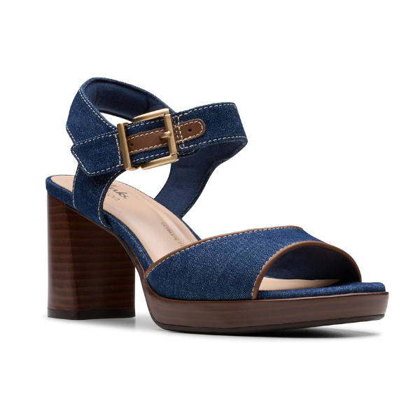 Women's Clarks AmbyrLyn Faye sling-back sandal in denim with 75mm block heel and adjustable strap, perfect for stylish comfort.