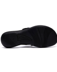 Black outsole of sandal with light wave tread pattern and Clarks logo in middle.
