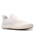 Women's Clarks Nalle Step Knit Sneaker in white with a stretch textile upper and cushioned sole. Slip-on design ideal for casual wear and comfort.