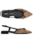 Pair of Pointed-toe slingback flats with bow detail, cheetah print upper, Clarks logo'd black footbed and a low block heel.