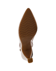 Pointed toe outsole with light wave pattern tread and Clarks logo stamped in middle.