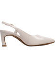 Off-White high-heeled pump with slingback design, and pointed toe.
