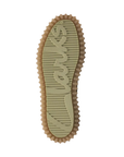 Treaded green outsole with brown border and Clarks stamped into tread.