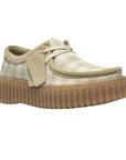 Light sage and white checkered Wallabee inspired shoe with ribbed beige rubber platform outsole.