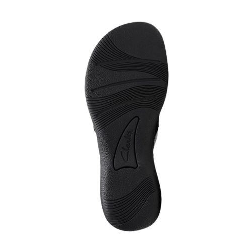 Bottom view of Clarks Breeze Reyna sandal in black, featuring a durable, slip-resistant sole with Clarks branding.