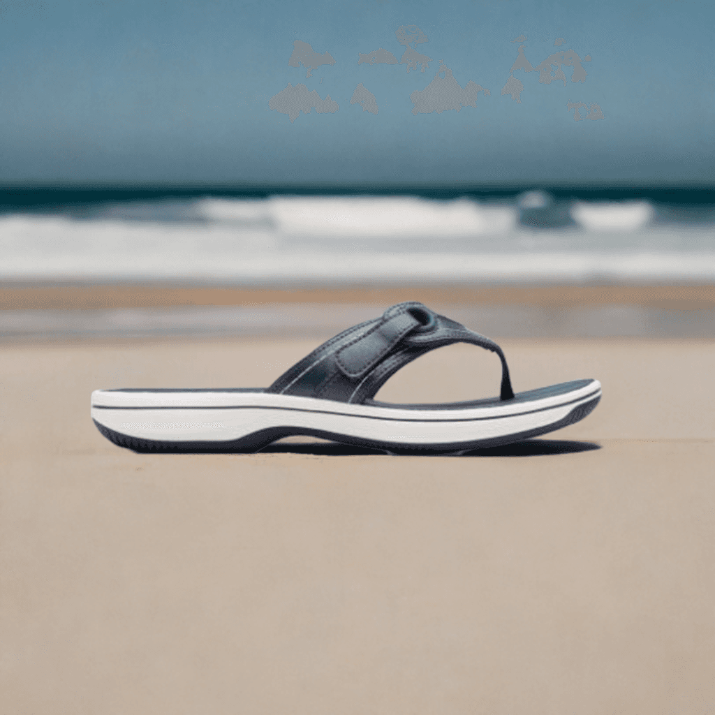 Clarks Breeze Reyna women's sandal in navy displayed on a beach, emphasizing its lightweight build and casual summer style.