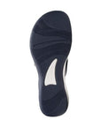 Outsole view of Clarks Breeze Reyna sandal in navy, highlighting the textured rubber sole for enhanced grip and durability.