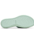 Bottom view of mint green Clarks Drift Twist Slide Sandals with wave-patterned outsole for traction and comfort in women's flat slides.