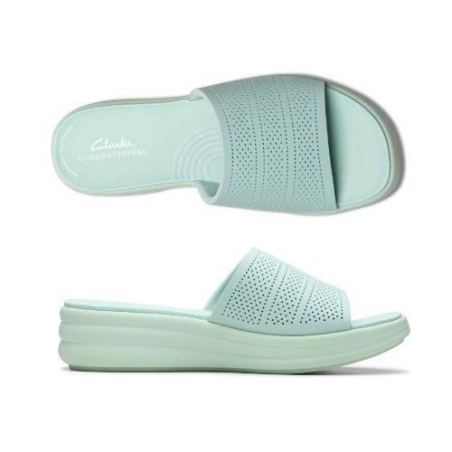 Top and side views of mint green Clarks Drift Twist Slide Sandals for women, showcasing breathable vegan material and contoured footbed.