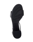 Outsole view of black Clarks Ezoria Mae Heeled Sandal showing textured grip and durable sole, perfect for special occasions.