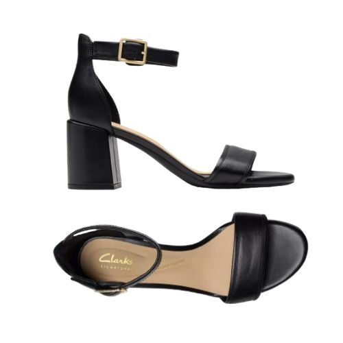 Side and top views of black Clarks Ezoria Mae Heeled Sandal for women, featuring cushioned footbed and elegant wedding-ready design.