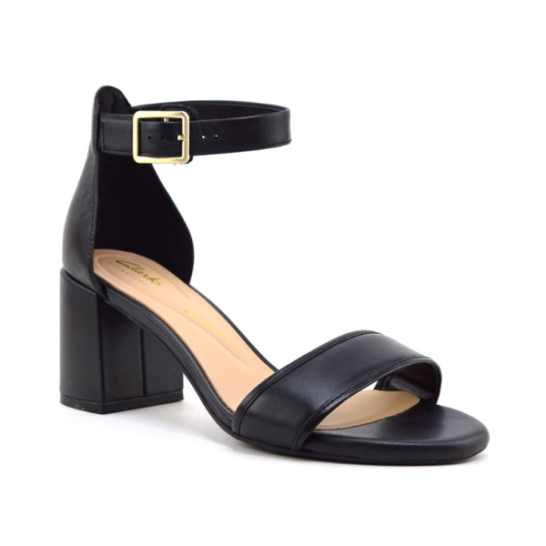 Women's Clarks Ezoria Mae Heeled Sandal in black leather with ankle strap and 70mm block heel, ideal for weddings and formal events.